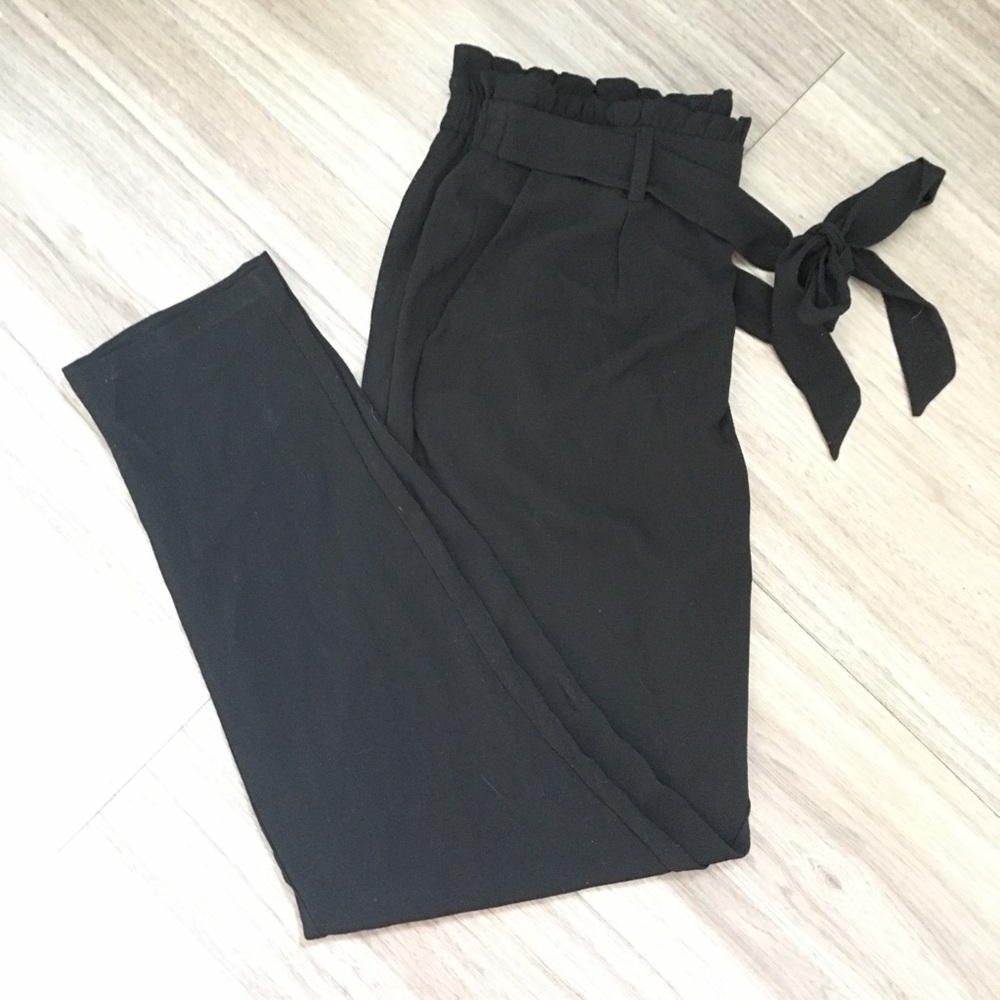 Black tie front pants